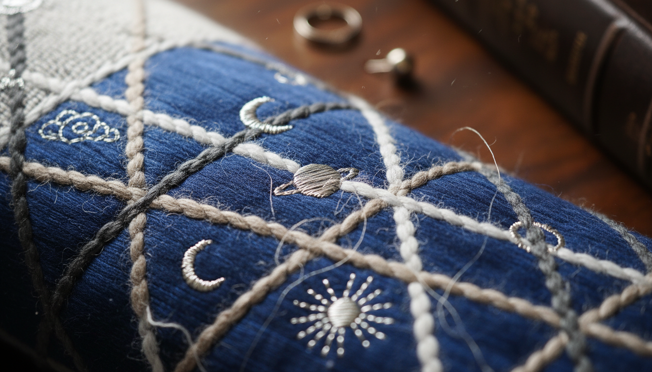 Detailed macro view of the artisanal weaving and planetary symbols on a high-end birth chart rug.