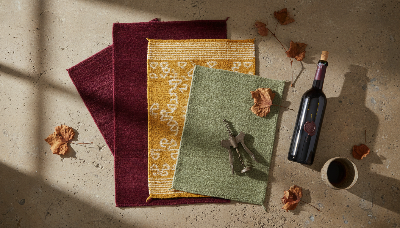 A flat lay of earthy, vineyard-inspired rug samples showing the natural color palette for 2026.