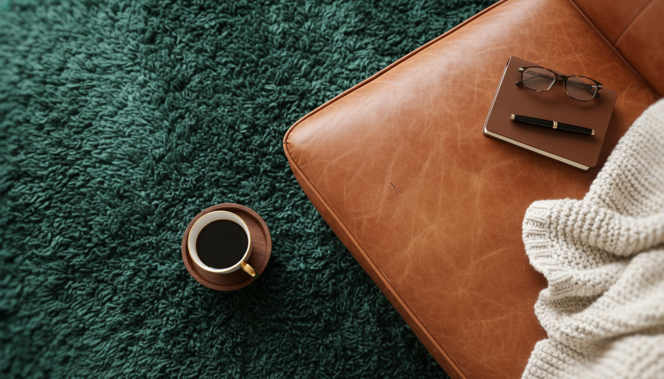 Biophilic color combination featuring a forest green rug and burnt ochre leather chair.