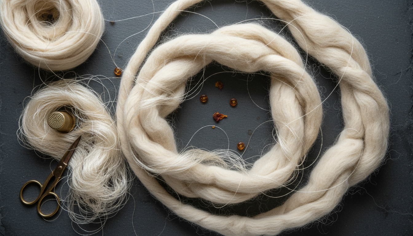 Sustainable raw materials including lotus silk and Himalayan wool used in artisanal rug making.