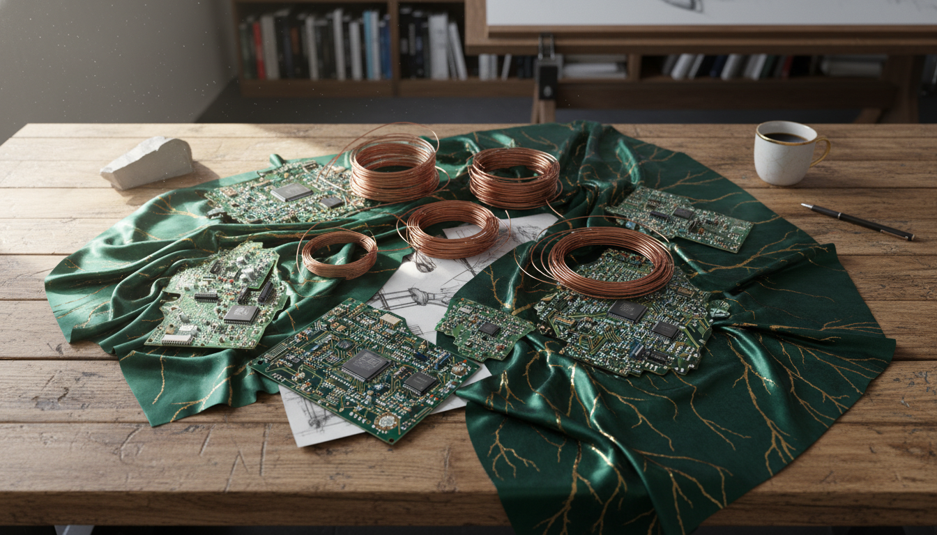 A design mood board for precious metal-infused rugs illustrating the transition from electronic waste to luxury fibers.