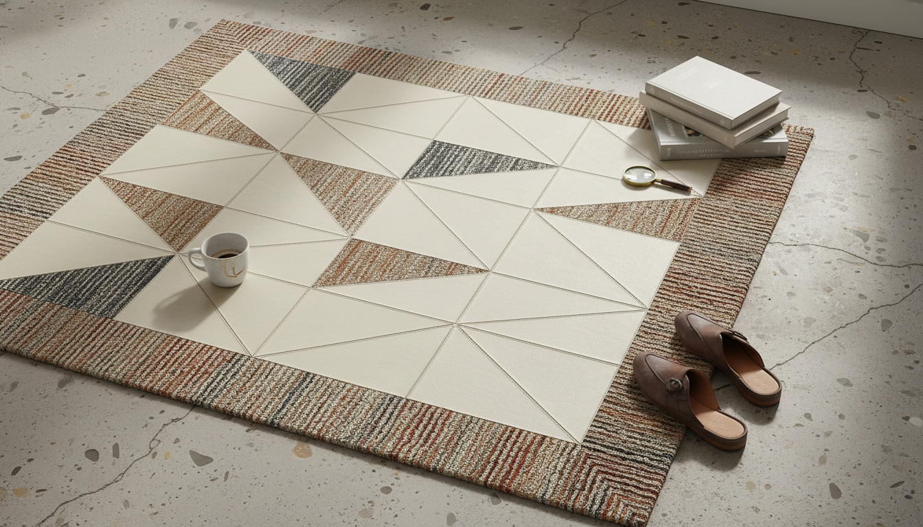 Overhead view of a geometric grain-inlay cactus leather rug showcasing artisanal craftsmanship.