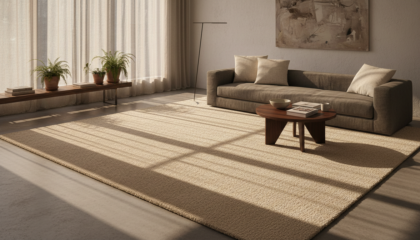 A minimalist living room at golden hour featuring a premium lotus silk rug that exemplifies the 2026 quiet luxury trend.