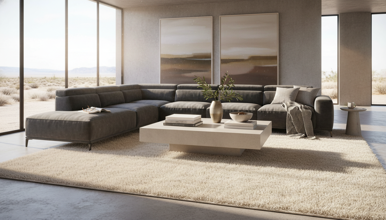 Spacious living room featuring a large anchoring rug that encompasses all seating for a unified social space.