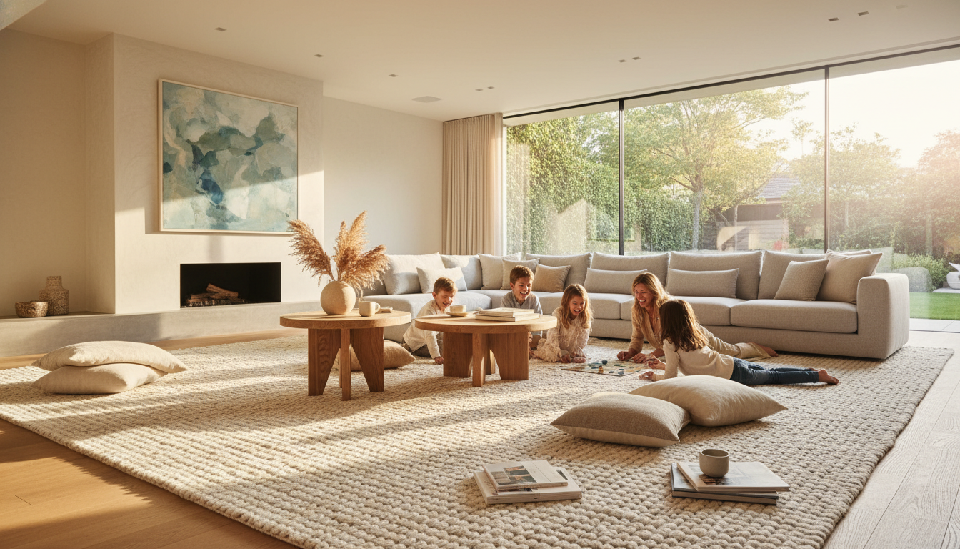 A large area rug anchoring a modern living room setup, facilitating family interaction and social cohesion.