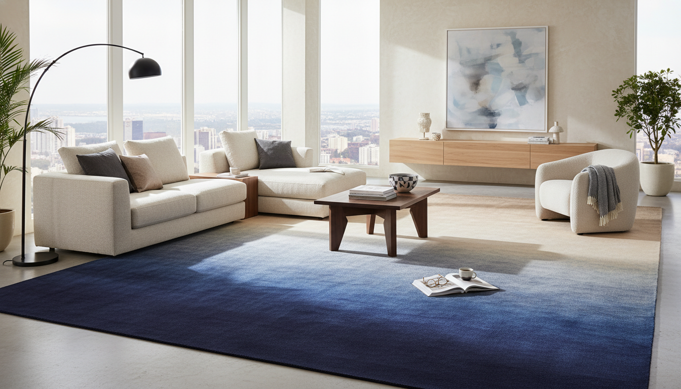 A spacious modern living room featuring a luxury vapor-dyed rug with a seamless blue-to-beige gradient transition.