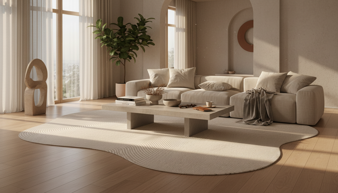 A cream-colored antimicrobial Chitin-Loom rug in a sunlit luxury living room setting.