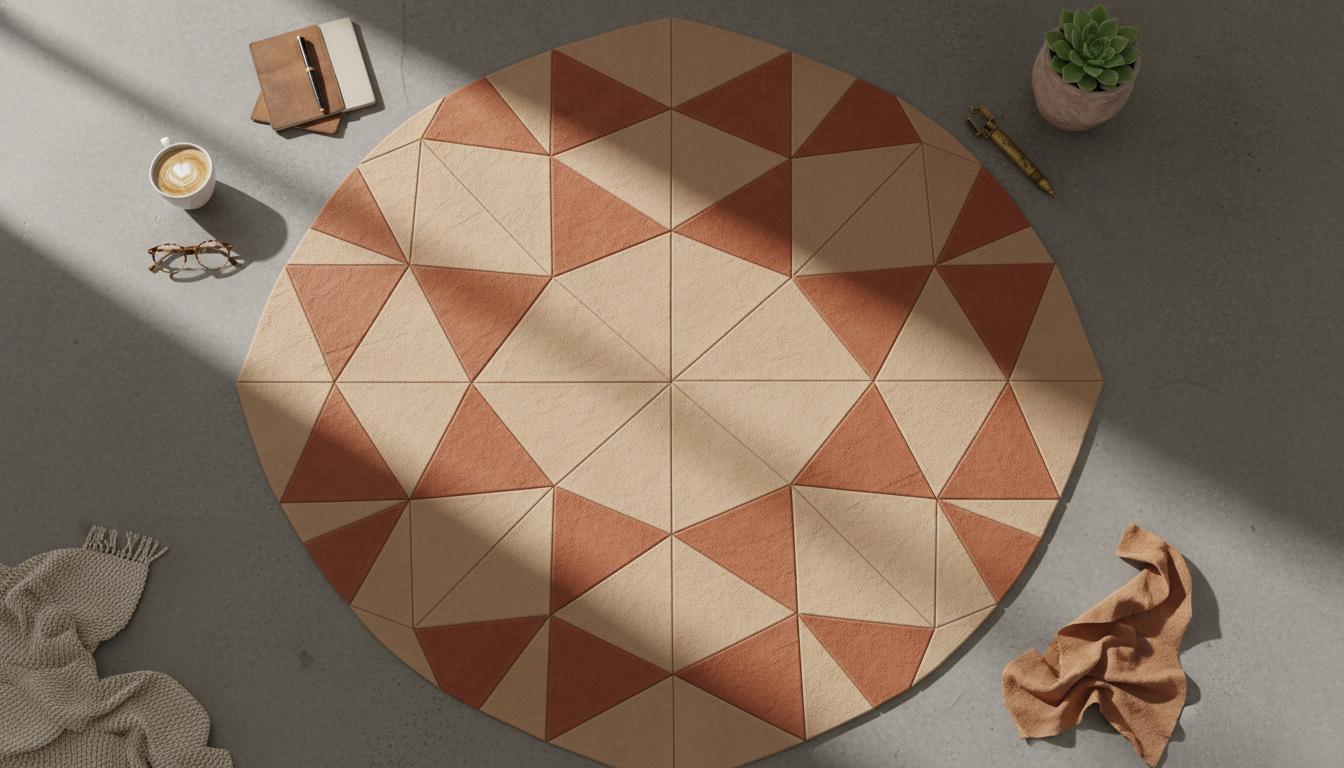 Aerial view of a geometric inlay rug made from various shades of vegan cactus leather showing intricate craftsmanship.