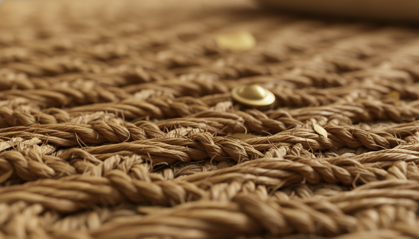 Detailed close-up of the natural fibers and weave pattern of a sustainable jute area rug.