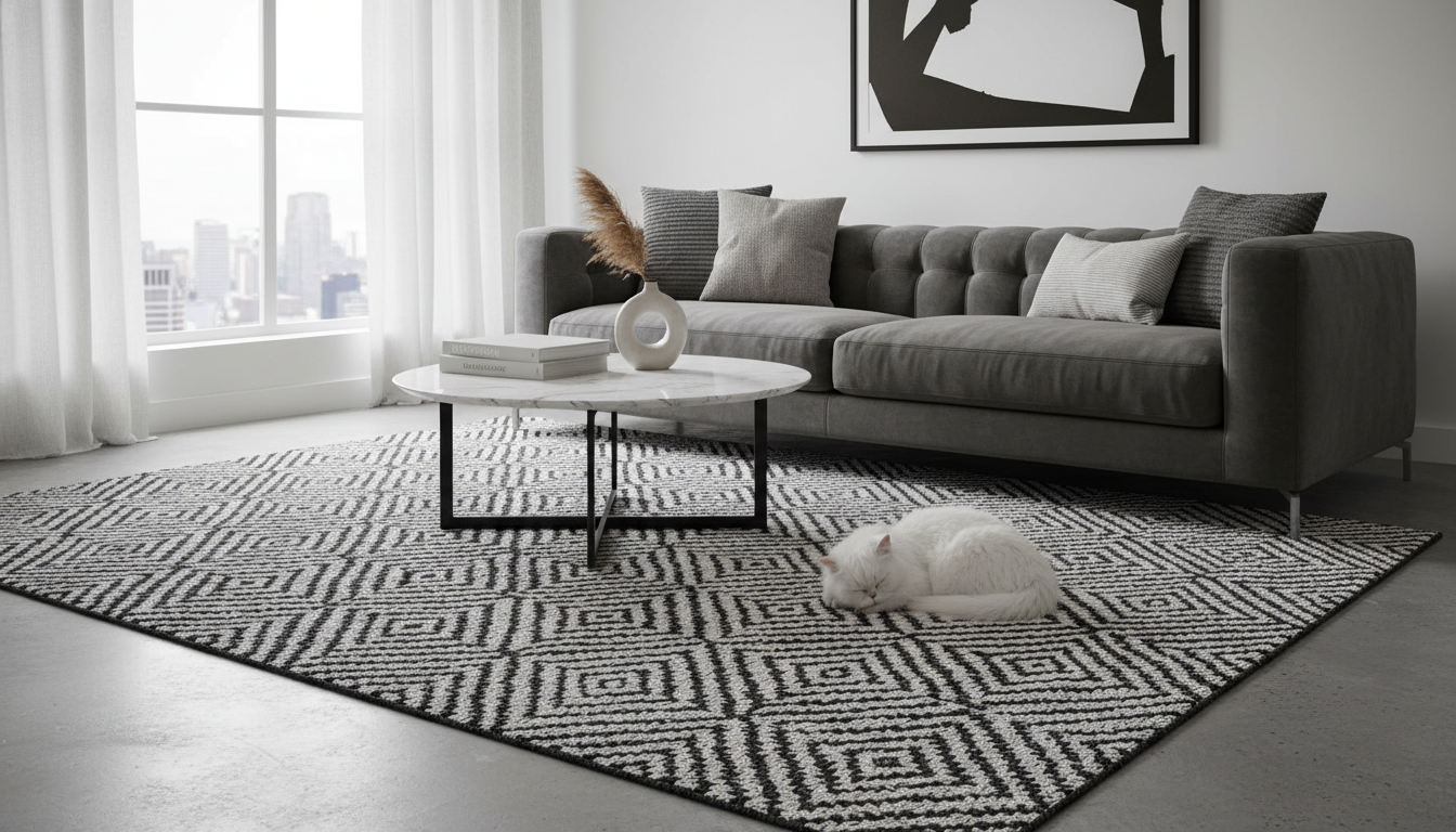 Charcoal and white geometric washable rug in a minimalist living room with a grey velvet sofa.