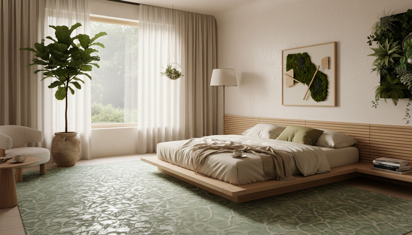 Iridescent sage bio-polymer rug in a peaceful master bedroom with light oak furniture and silk bedding.