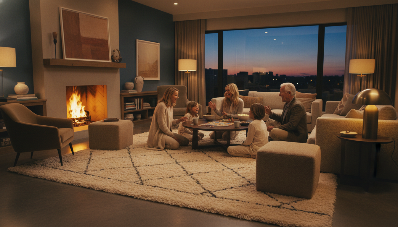 Large family room rug facilitating multi-generational bonding and comfortable floor seating.