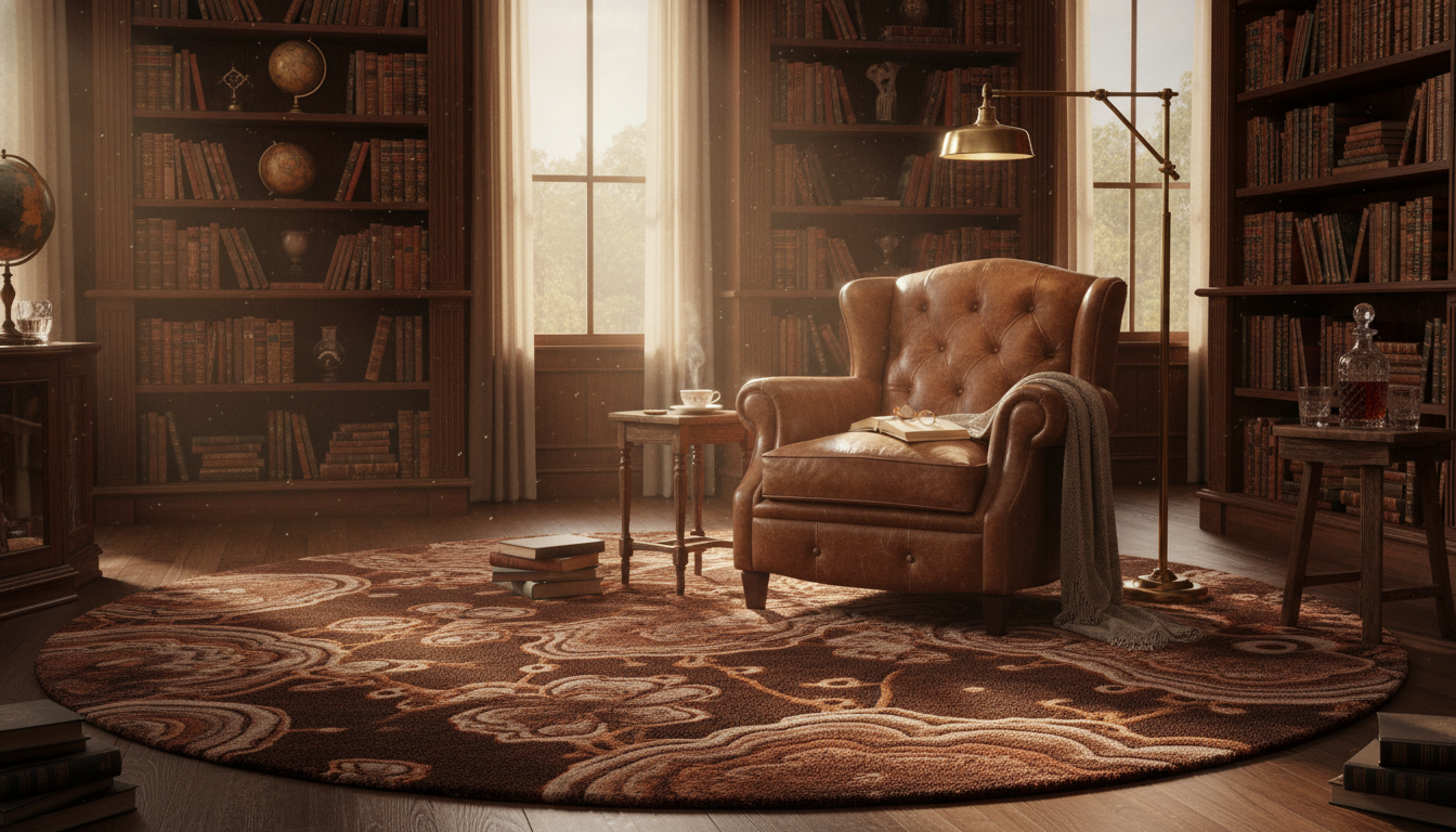 Copper-infused bio-polymer rug in a traditional mahogany library.