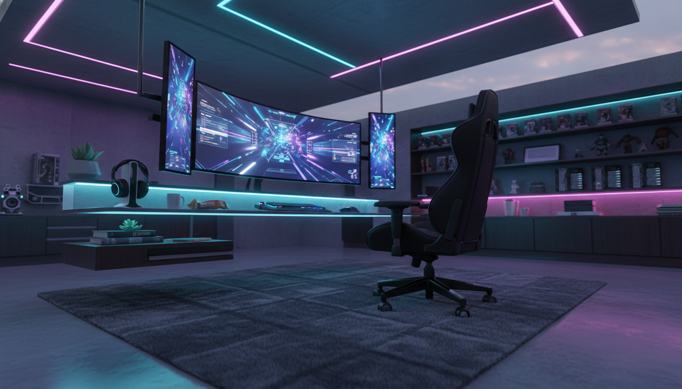 Slate grey radiation-filtering rug in a high-tech gaming hub with neon lights.