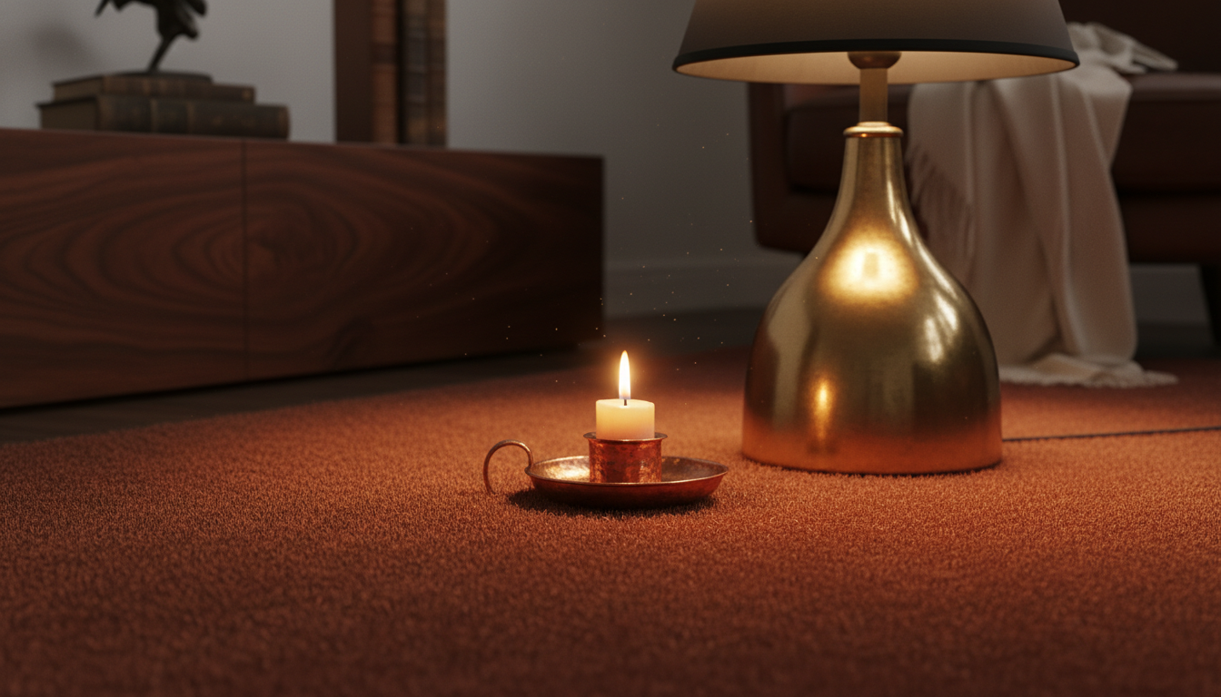 Terracotta rug in a cozy living room with brass lamp and candlelight creating a warm glow.