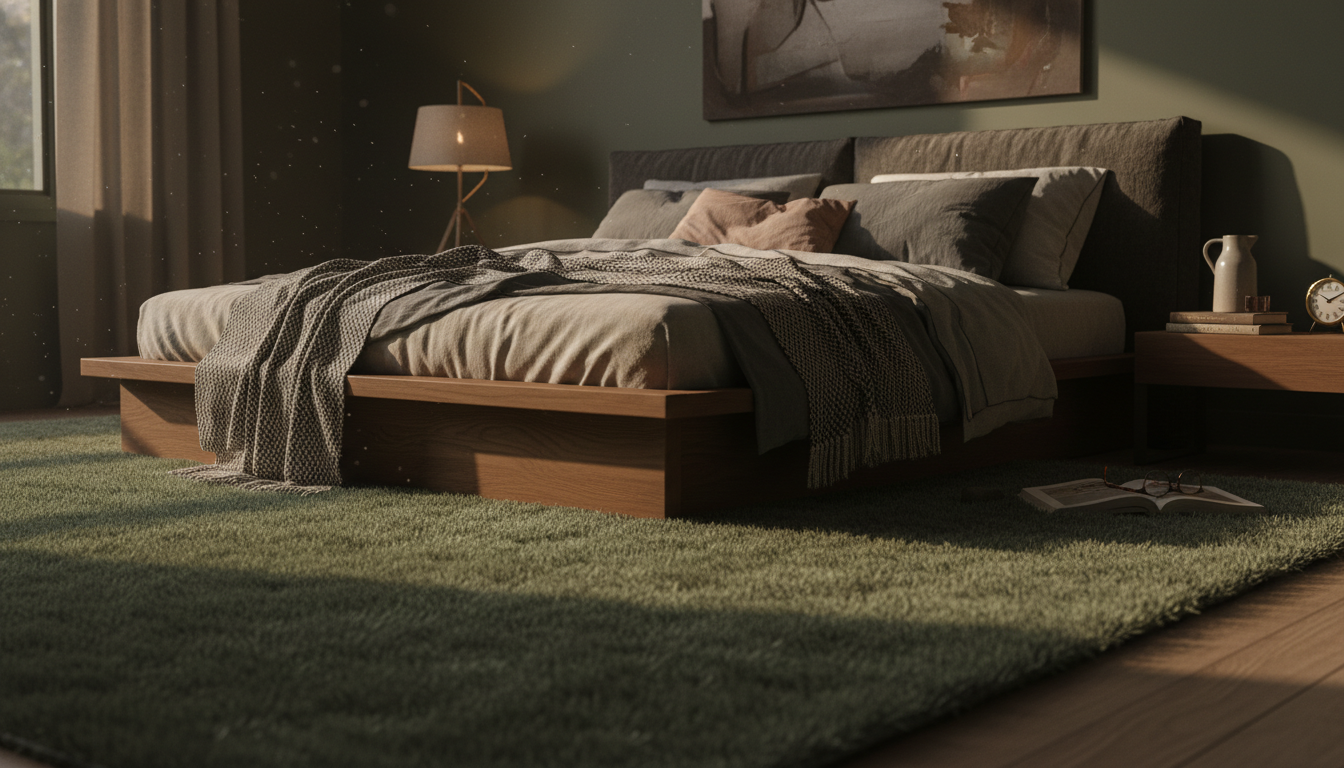 A master bedroom featuring a sage green plush rug and natural materials to promote better sleep and emotional grounding.