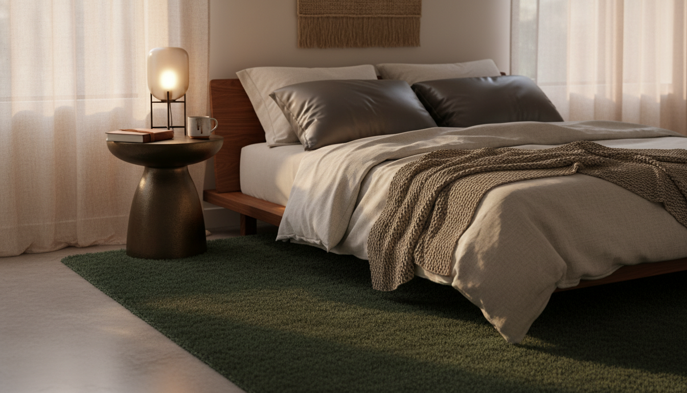 A cozy bedroom with a moss green rug and warm lighting, optimized for sleep quality and circadian rhythm regulation.