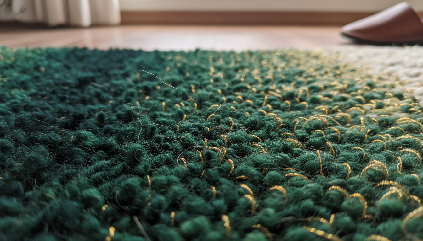 Macro detail of an emerald and gold wool rug representing wealth and prosperity in Feng Shui.