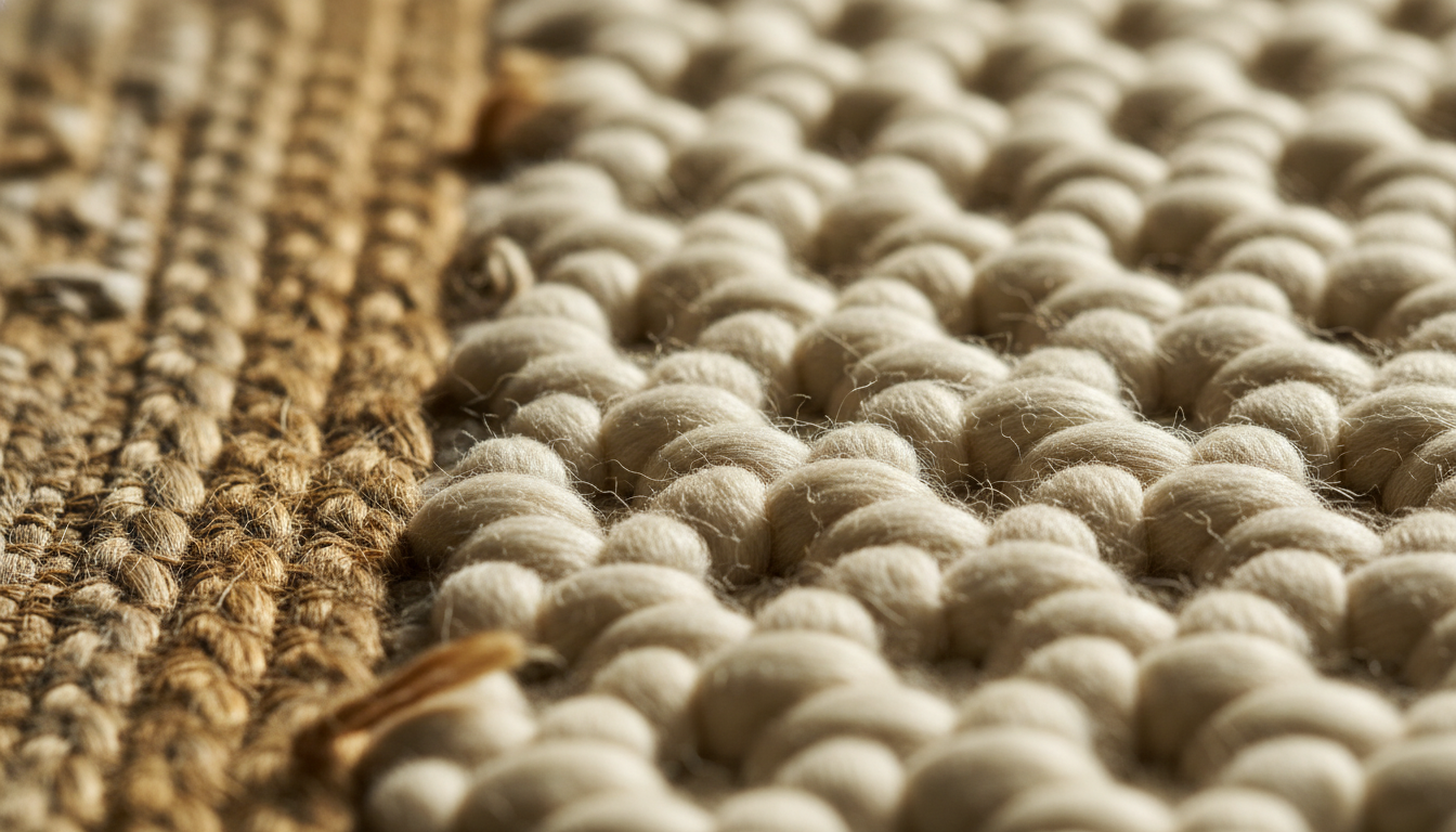 Extreme close-up of the contrasting textures between a rough jute base rug and a soft wool top layer.