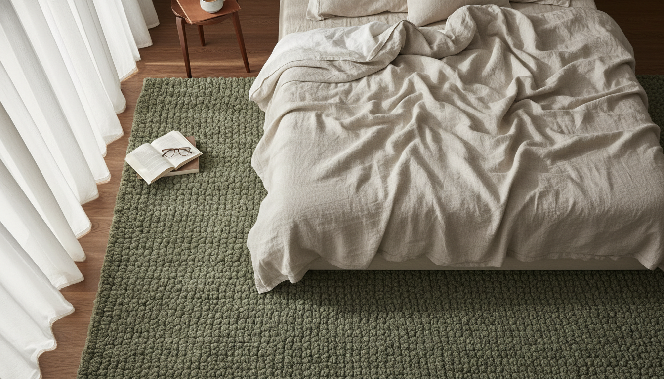 Muted sage green plush rug under a bed with white linen sheets, captured in soft morning light.