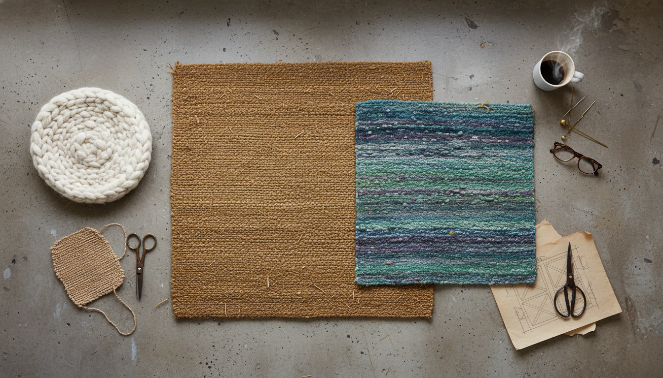Flat lay comparison of sustainable rug materials featuring golden bog fiber 2026 swatches.