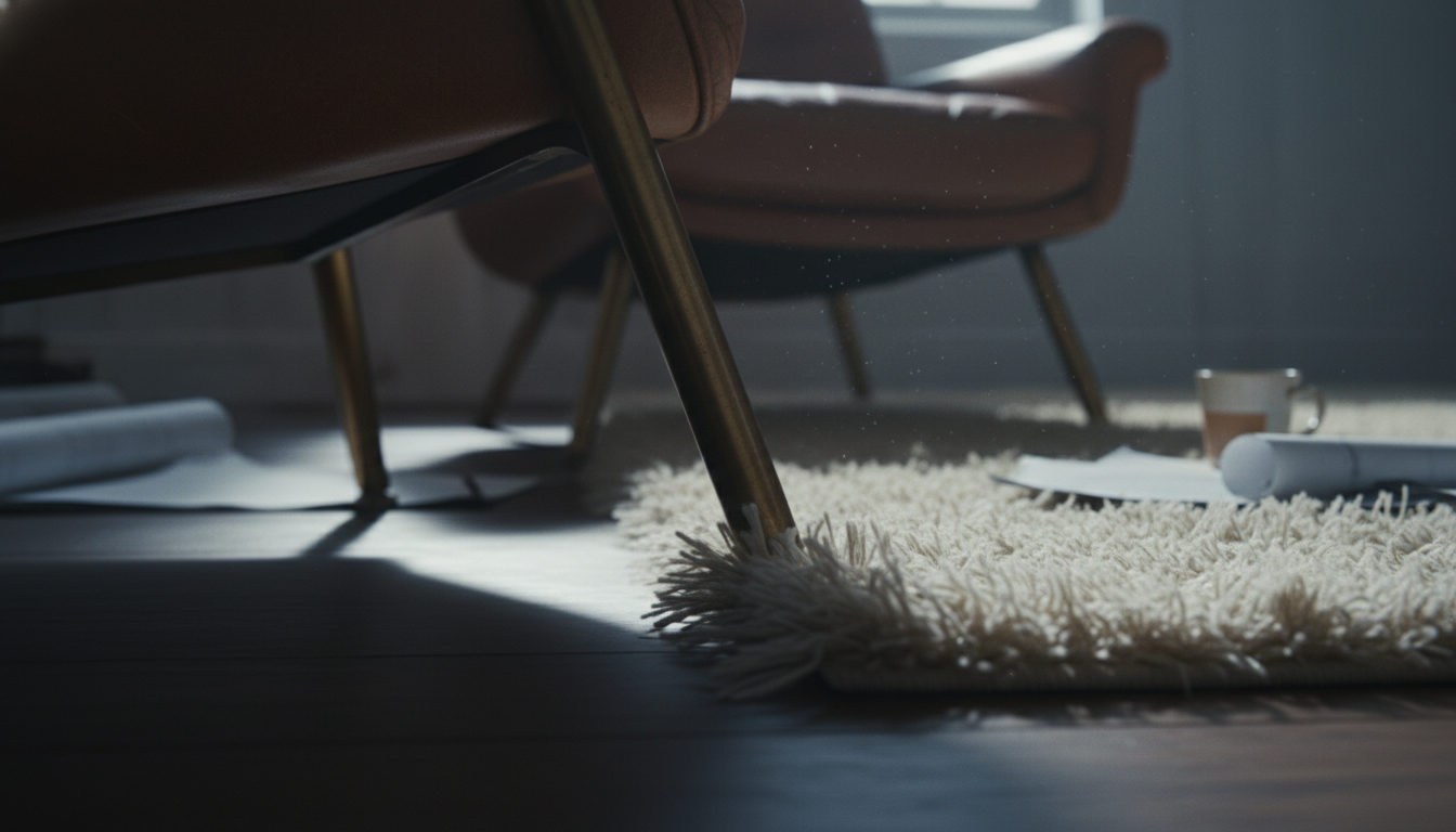 Close-up profile of furniture legs compressing rug fibers to demonstrate the mechanics of pile fatigue and fiber crush.