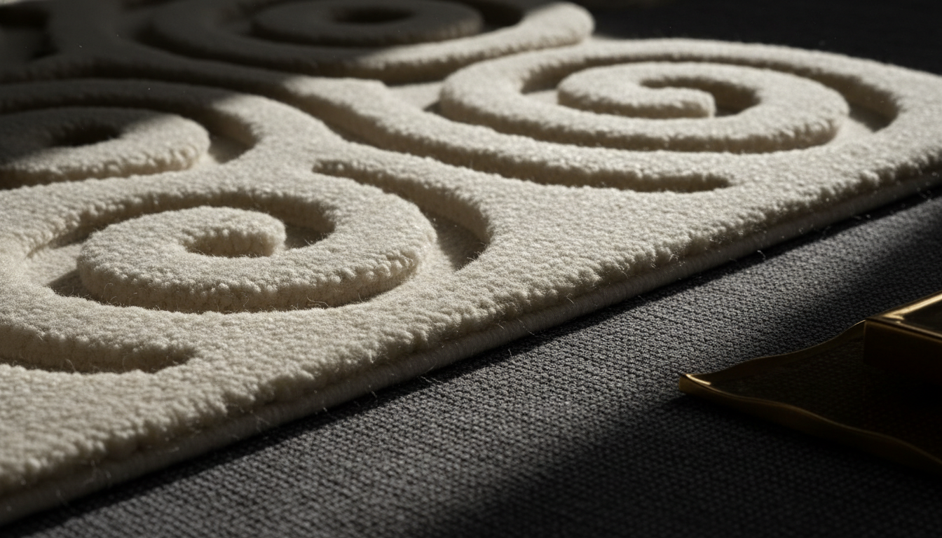 Extreme close-up showing the height and texture difference between a high-pile decorative rug and a flat-weave base rug.