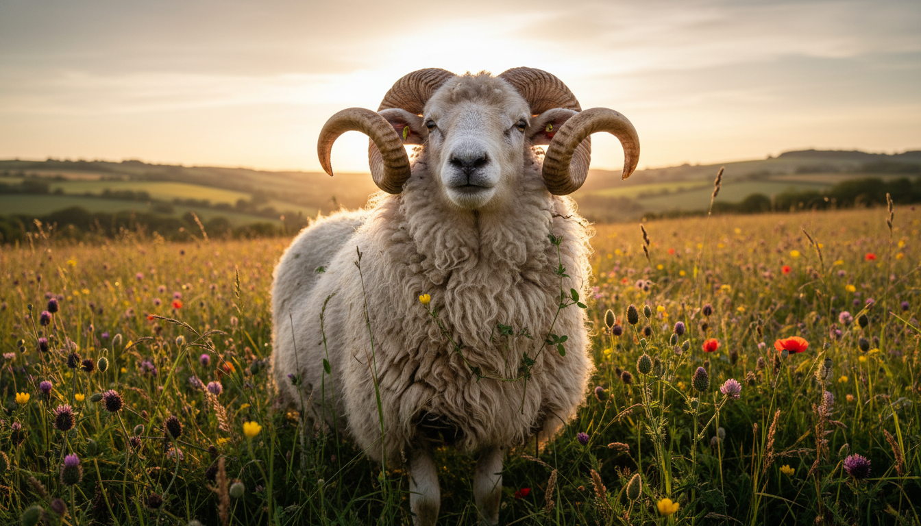 A majestic sheep grazing in a biodiverse pasture, highlighting the high-quality wool used for carbon-negative rug production.