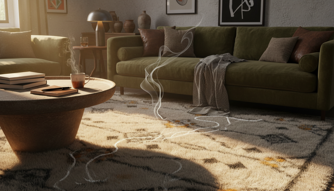 Cinematic living room shot at dusk with warm lighting reflecting off a pheromone-infused therapeutic rug.