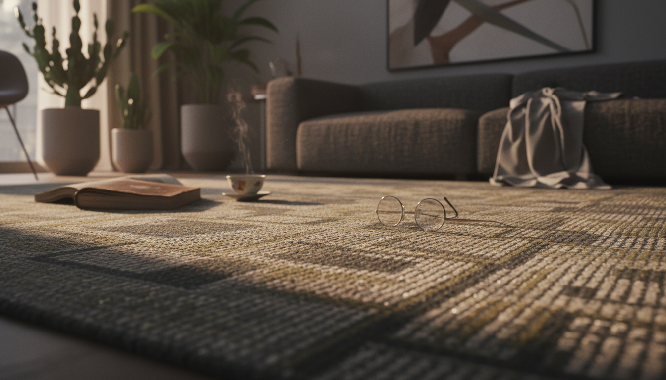 Low-angle shot of a hand-knotted rug at sunset, highlighting the subtle sheen of ionizing materials integrated into the weave.