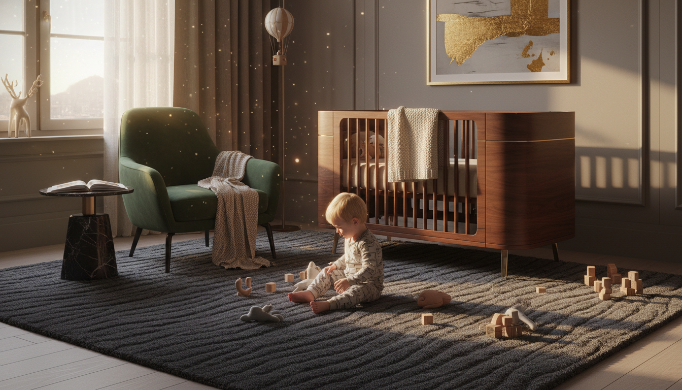A warm, golden-hour interior shot of a nursery emphasizing the clean, health-optimizing surface of a graphene-infused rug.