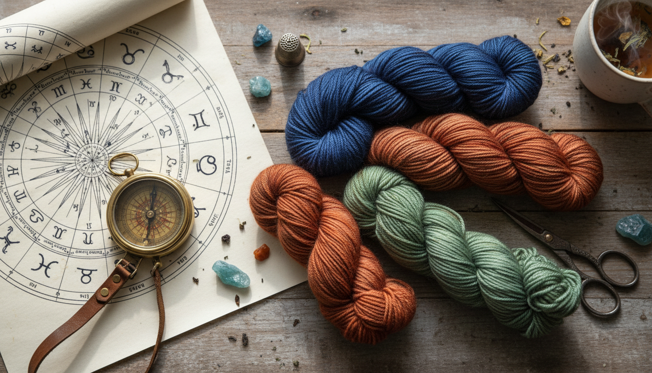 A designer's mood board showing the 2026 color palette for astrological rugs including indigo and terracotta yarn.