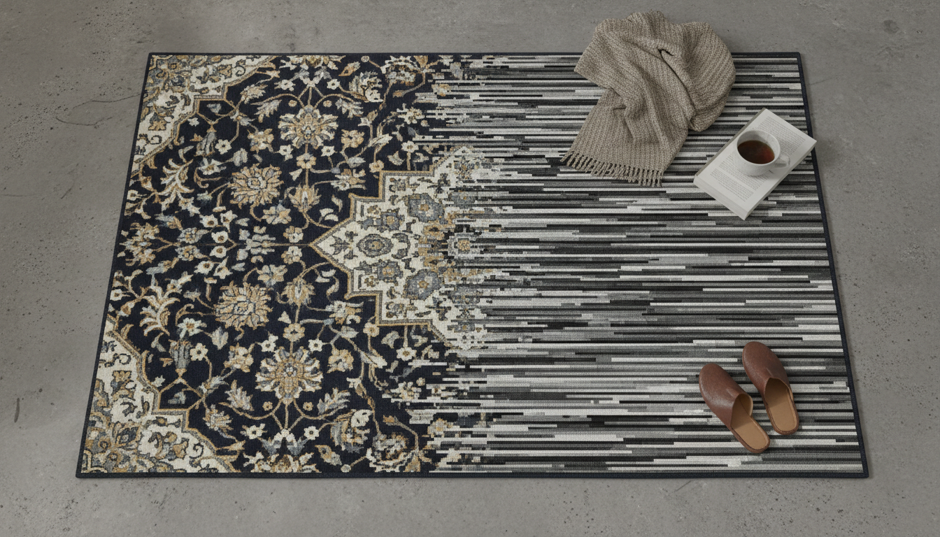 Top-down view of a hand-knotted rug showing a classic Persian medallion pattern being disrupted by digital-style glitch lines.