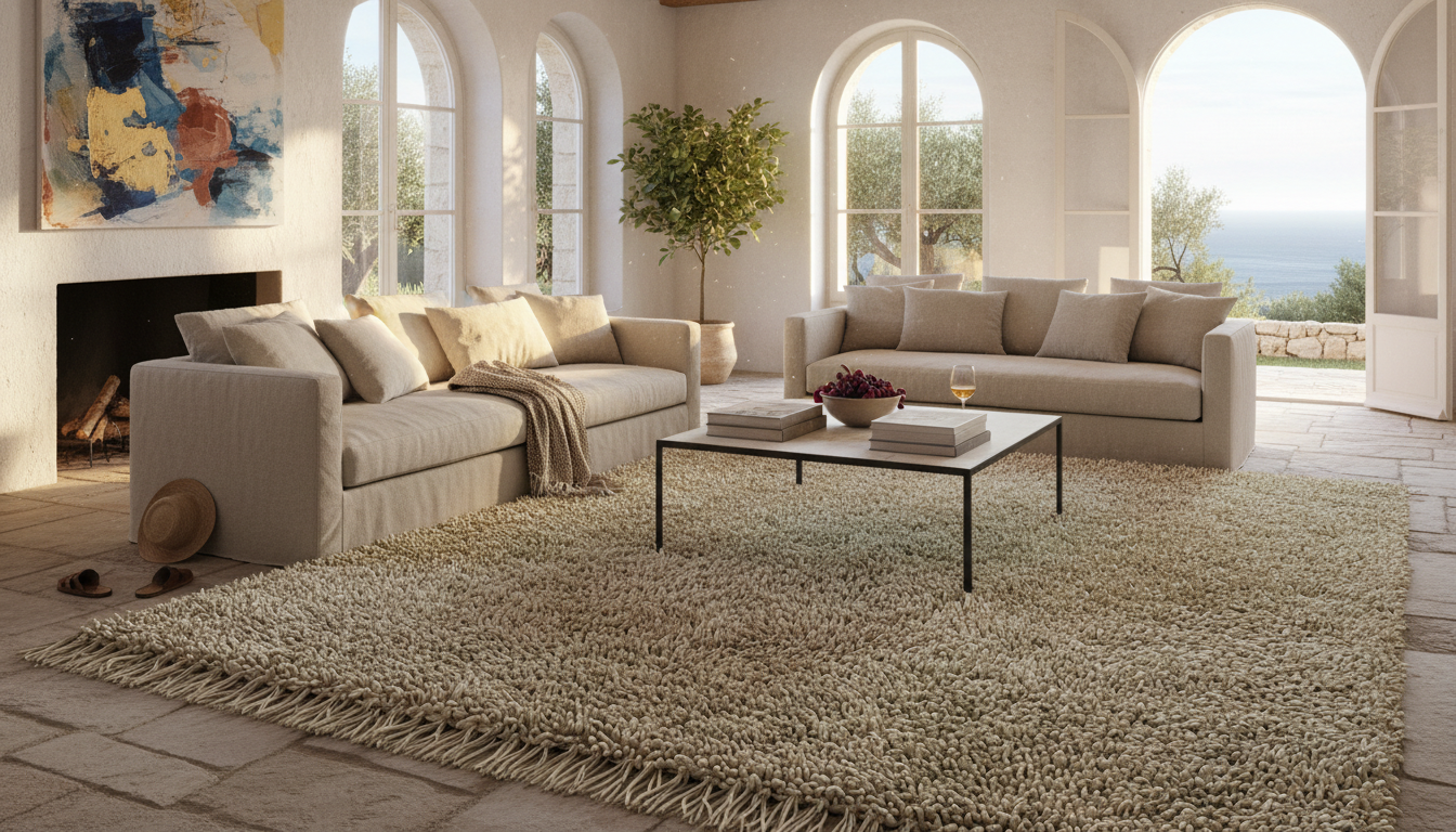 A luxurious living room interior showcasing a large shimmering rug made from recycled vineyard waste.