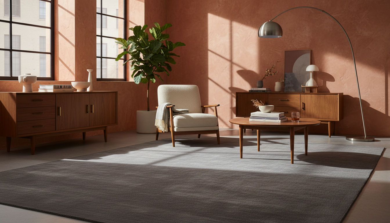 Industrial chic slate grey rug paired with warm terracotta interior tones.