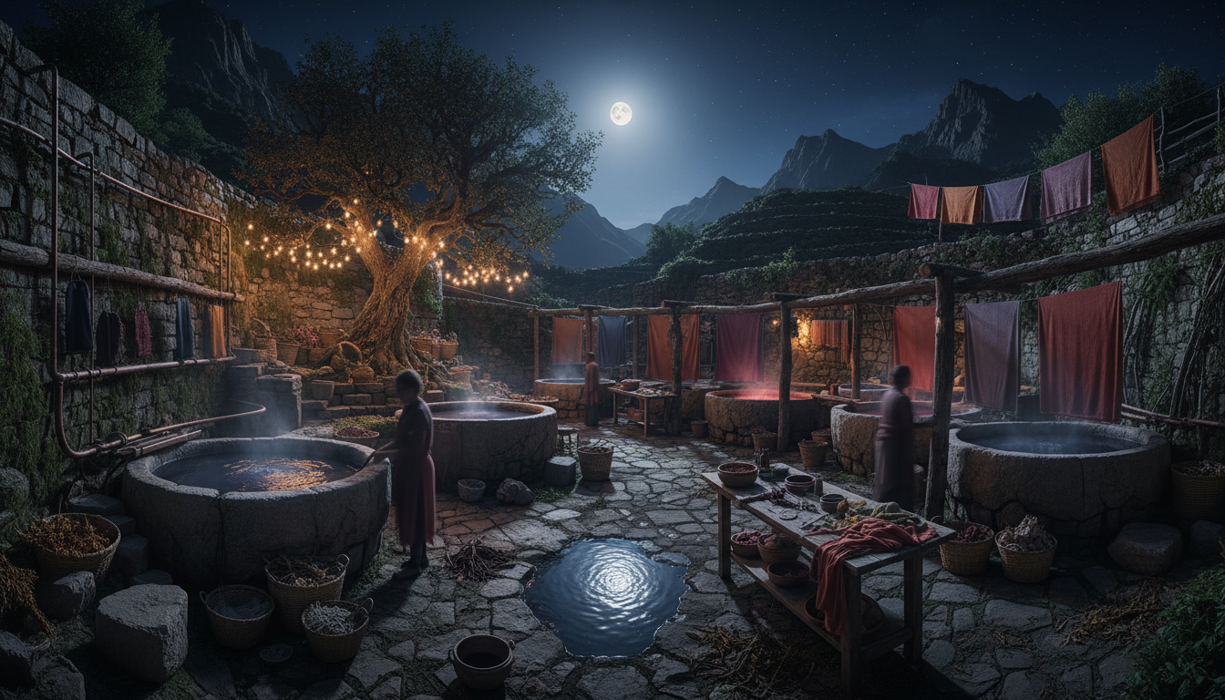 Open-air artisanal dye studio in the mountains under a full moon.
