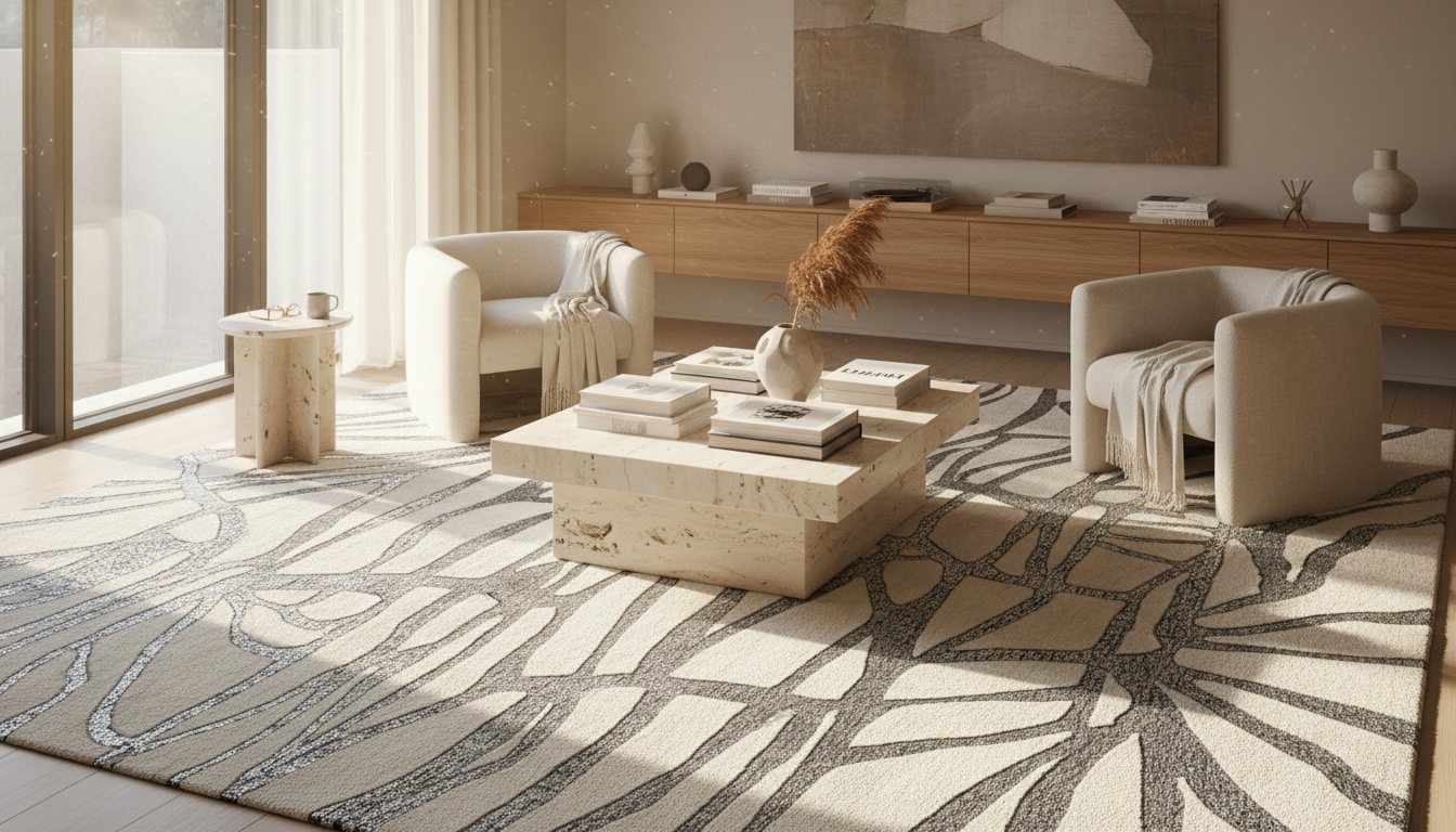 A minimalist living room showcasing a large precious metal-infused rug reflecting natural sunlight.