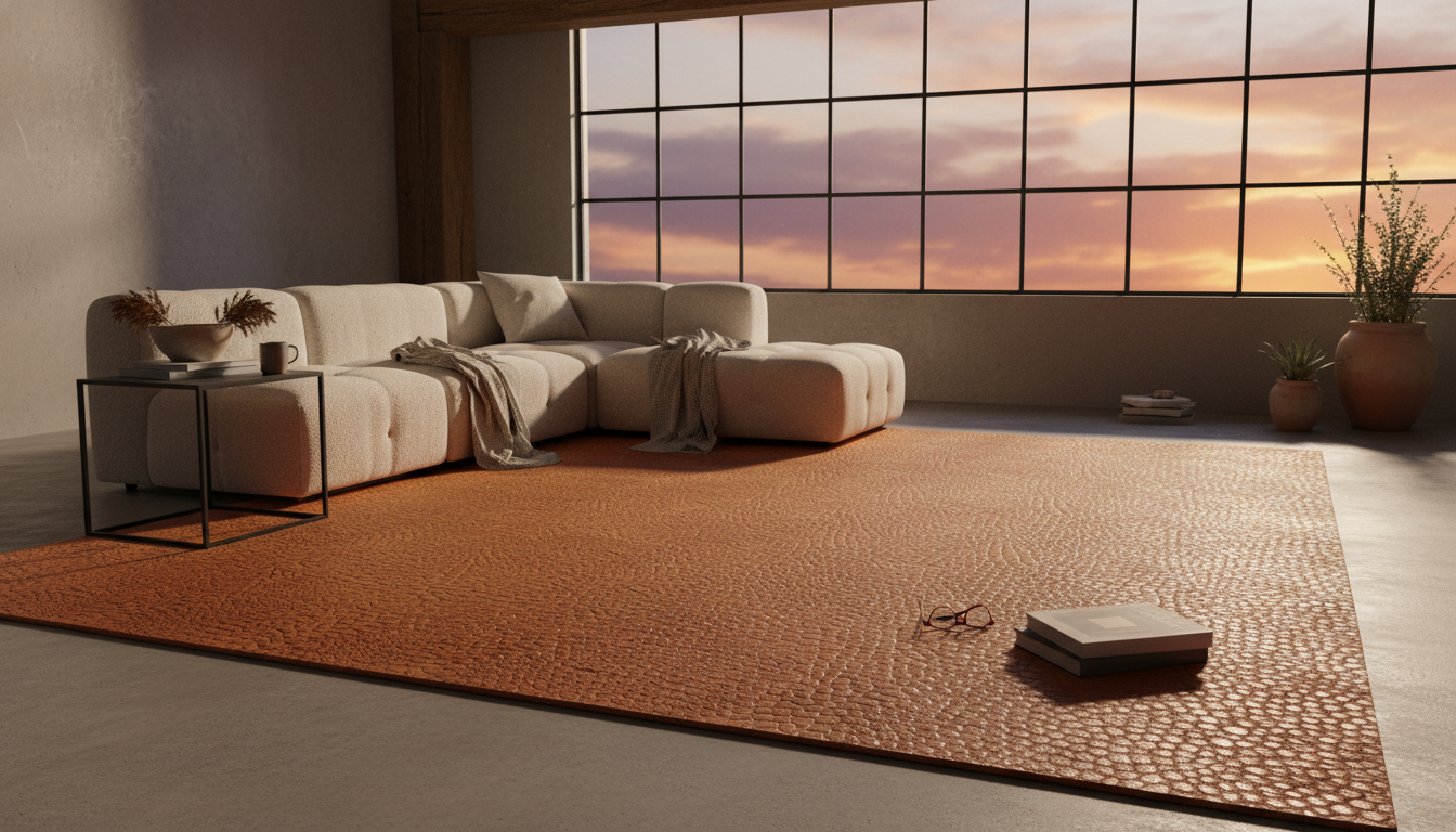 Luxury living room interior featuring a rich cognac Cactus Leather Rug during the golden hour.