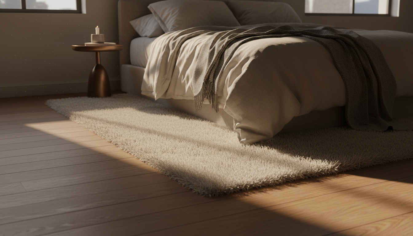 Luxurious bedroom with a large plush rug positioned to provide a soft landing on both sides of the bed.
