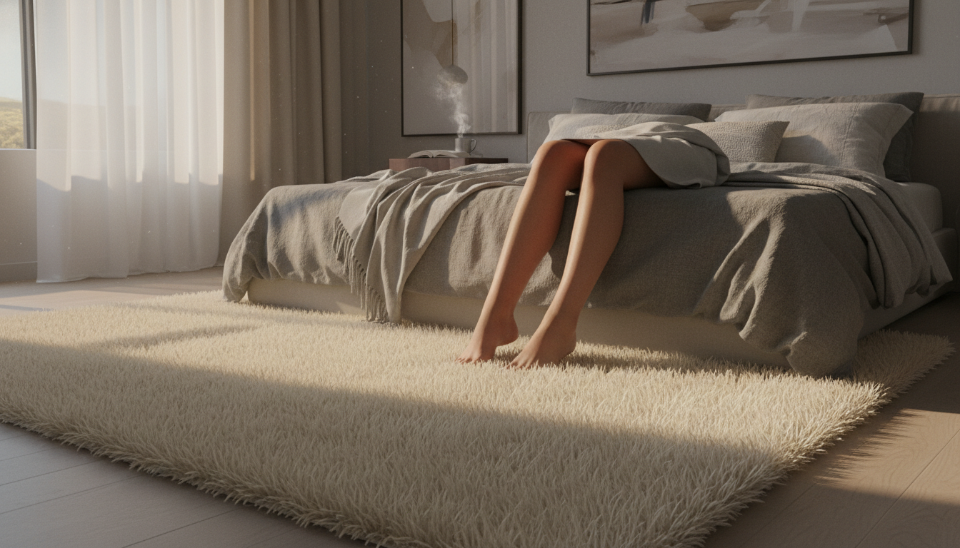 Plush bedroom rug placement providing a soft, warm landing for feet during a morning routine.