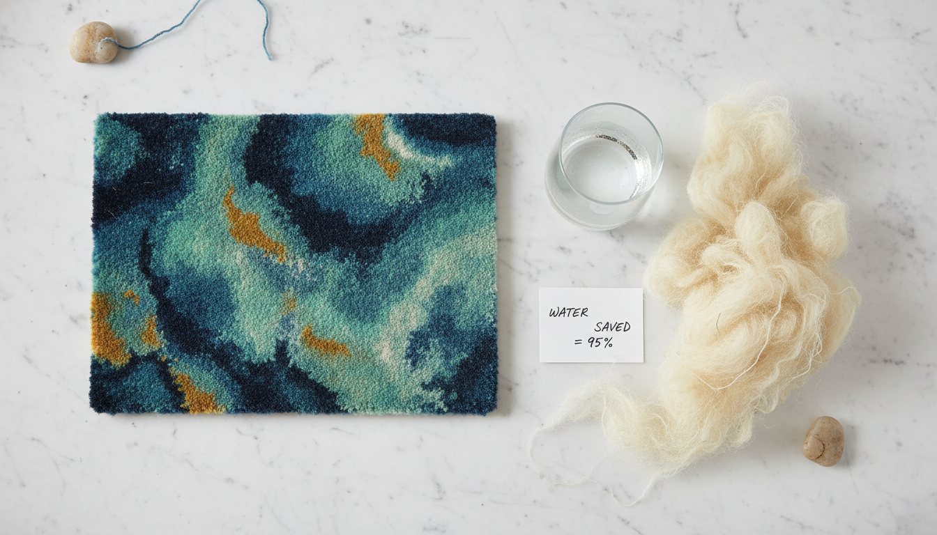 A conceptual flat lay showcasing the waterless technology of 2026 rug trends using raw materials and clean aesthetics.