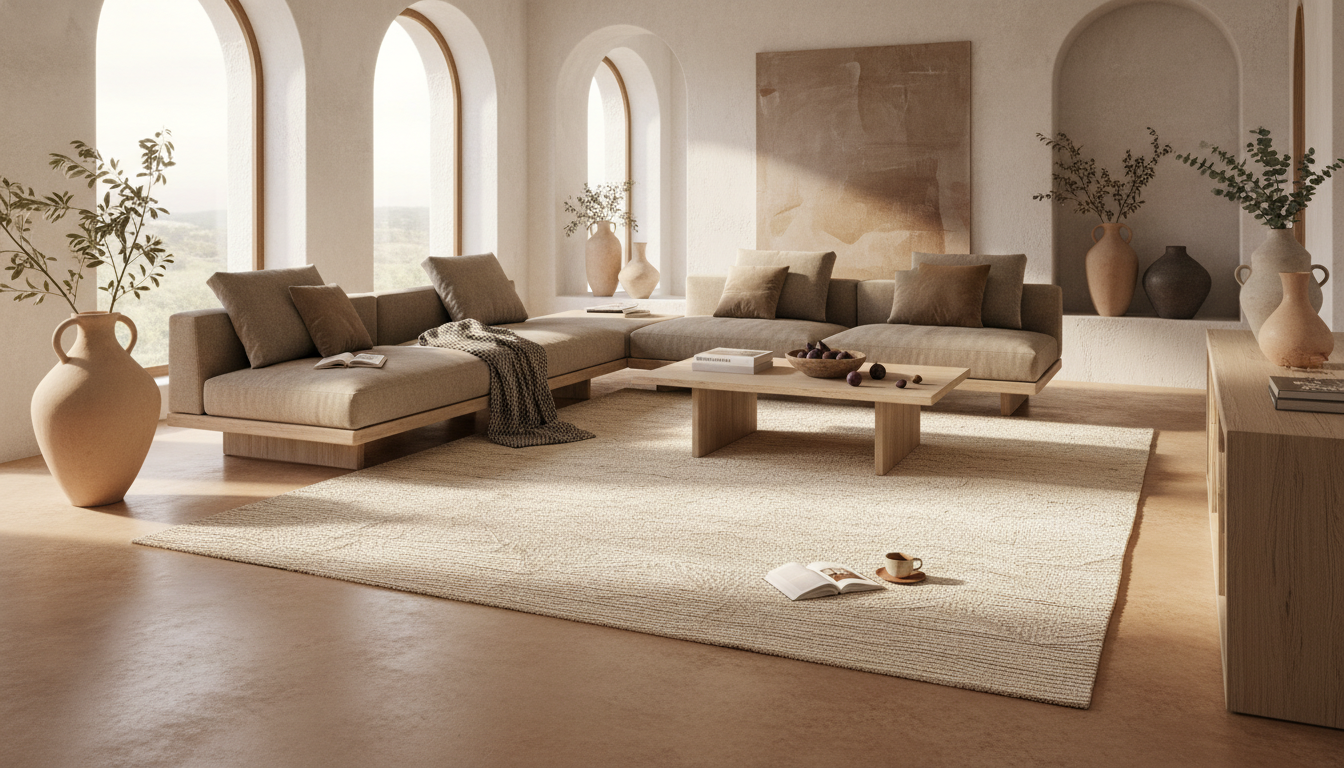 Sunlit minimalist living room interior showcasing a large mulberry paper rug as the focal point of a boho-luxe design.