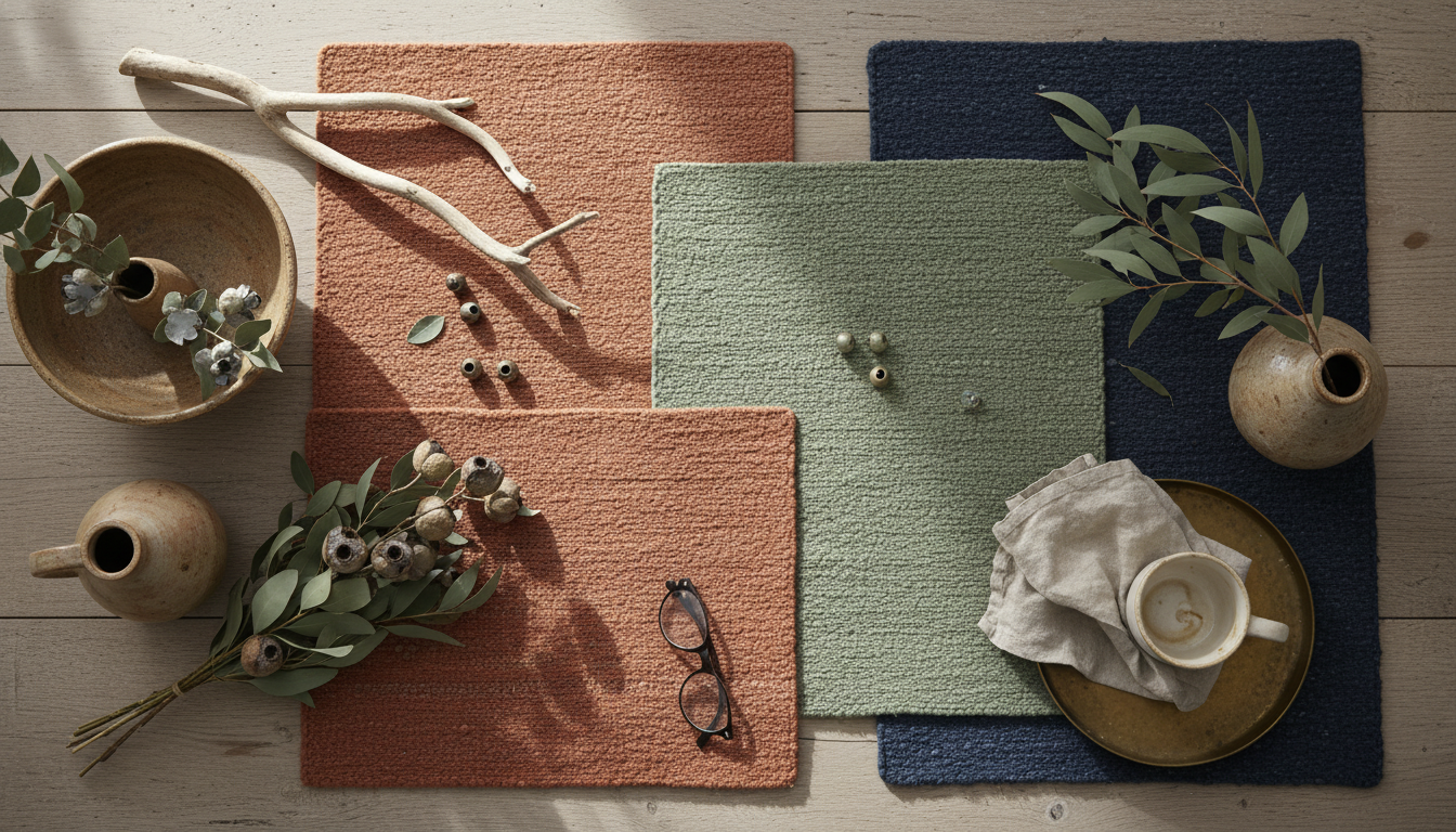 Flat lay of colorful Chitin-Loom Bio-Polymer Rug samples showing various 2026 trending earthy tones.