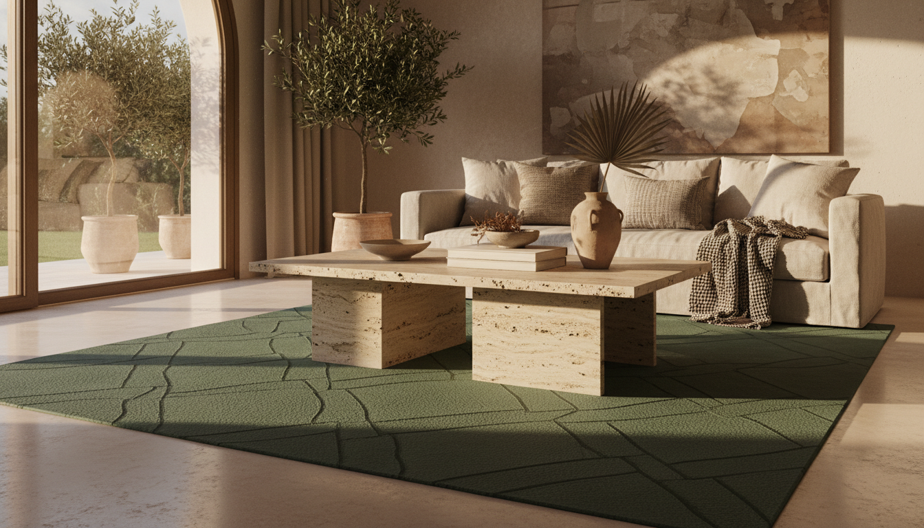 Luxury living room interior featuring a sustainable cactus leather rug during the golden hour with warm lighting.