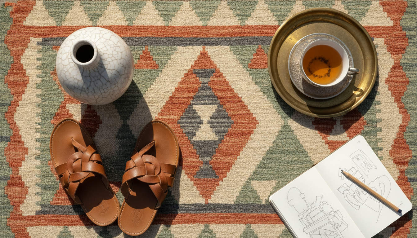 Overhead view of a colorful geometric Kilim rug highlighting its thin profile and artisanal weave.