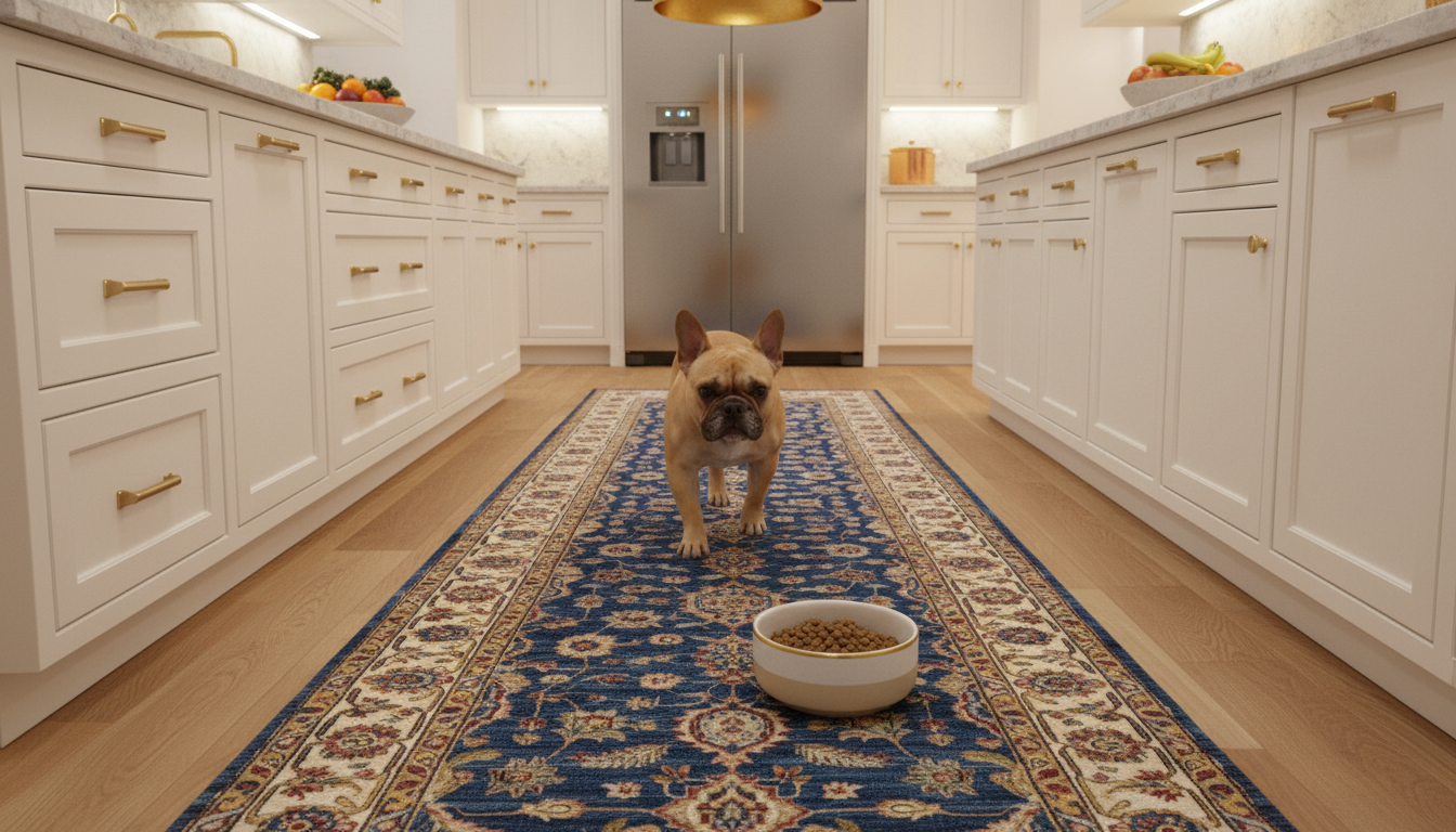 Indigo blue Persian runner rug in a white kitchen with a French bulldog.