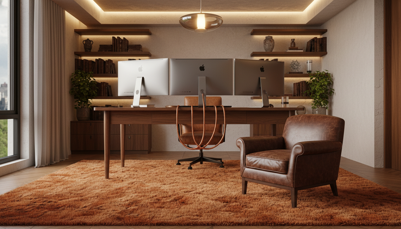 Raw ochre radiation-filtering rug under a walnut desk in a tech-integrated home office.