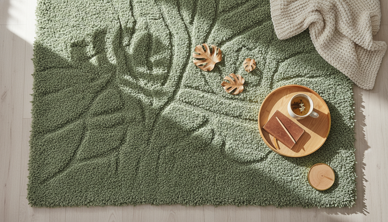 Sage green rug with natural sunlight and plant shadows creating a biophilic design look.