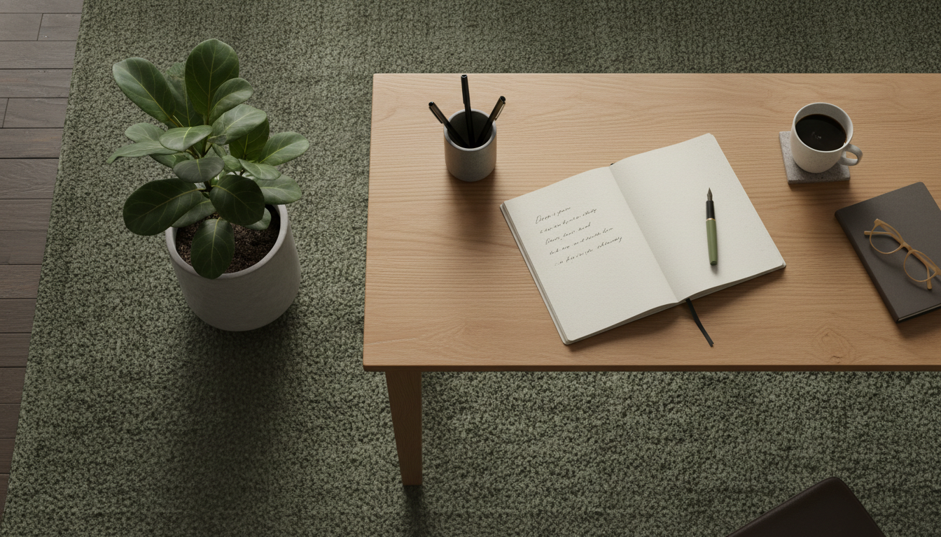 An organized home office workspace with a low-pile olive green rug that enhances cognitive focus and reduces visual clutter.