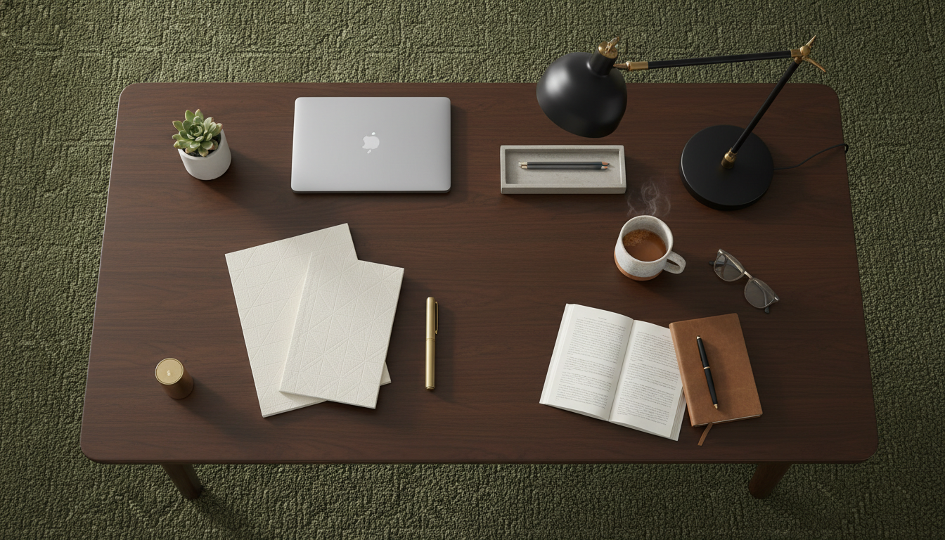 A professional home office featuring a low-pile olive green rug designed to improve focus and mental clarity.